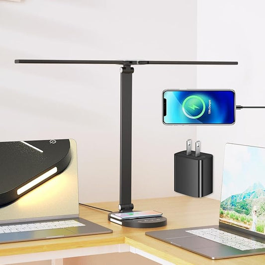 Clearance 12W Bright Desk Lamp for Home Office, Wireless Charger, USB Charging Port, 2 Night Light, 1H Timer AUTO-OFF, 5 Modes Dimmable 80 LED Desk Light, Adjustable 2 Office Lamp for Work, Computer - LeafyLoom