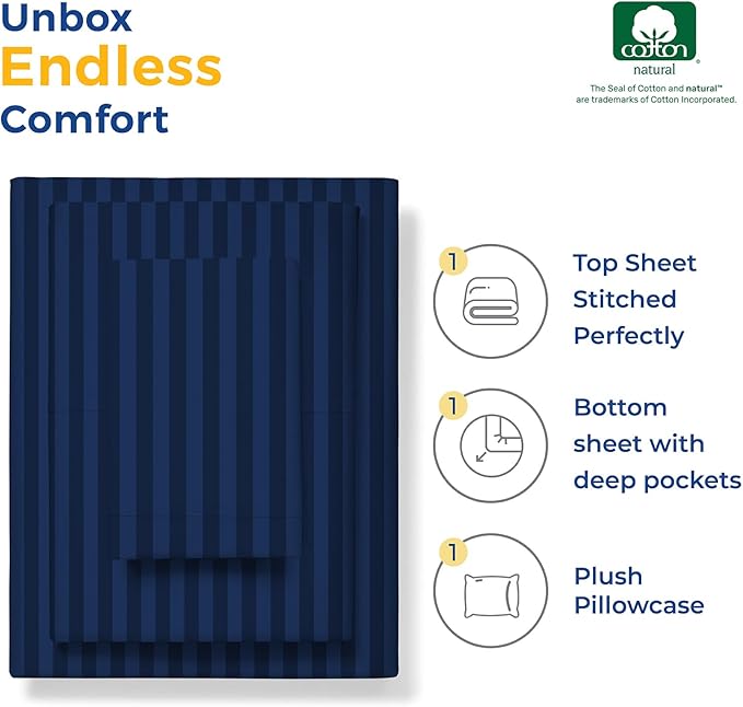 THREAD SPREAD Striped Egyptian Cotton Sheets Twin XL Size - 600 Thread Count 3 PC Damask Twin XL Sheets Deep Pockets, Sateen Weave College Dorm Bedding Twin XL, Fits Mattress upto 18" - Navy Blue - LeafyLoom