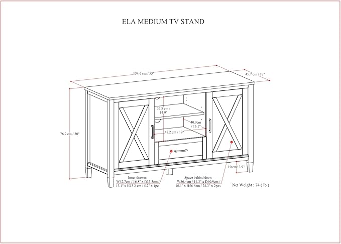 SIMPLIHOME Ela SOLID WOOD Wide Transitional Media Stand for TVs up to 60 inches for The Living Room and Entertainment Center, 53 inch, Smoky Brown - LeafyLoom