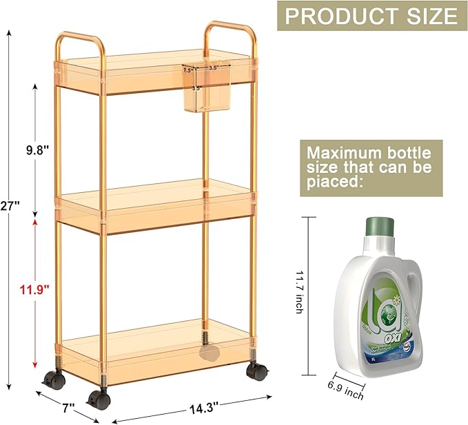 SPACEKEEPER 3 Tier Utility Storage Cart Rolling Bathroom Organizer, Transparency Mobile Shelving Unit Clear Rolling Utility Cart Multifunction, Amber - LeafyLoom