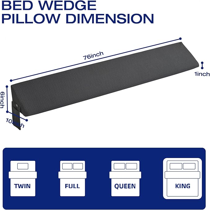 King Size Wedge Pillow for Headboard Gap Filler Nora Pillow Wedge Long Wedge Pillow for King Size Bed Gap(0-8") Between Mattress and Headboard Grey 76"x10"x6" - LeafyLoom