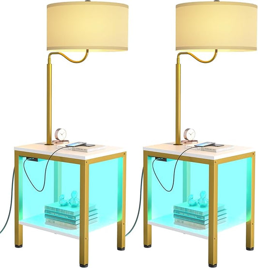 LED Floor Lamp with Table, Side Table with LED Light and Power Outlet, Nightstand with Lamp, End Table with Lamp Attached for Living Room, Bedroom, USB Ports, Bulb Included, White - LeafyLoom