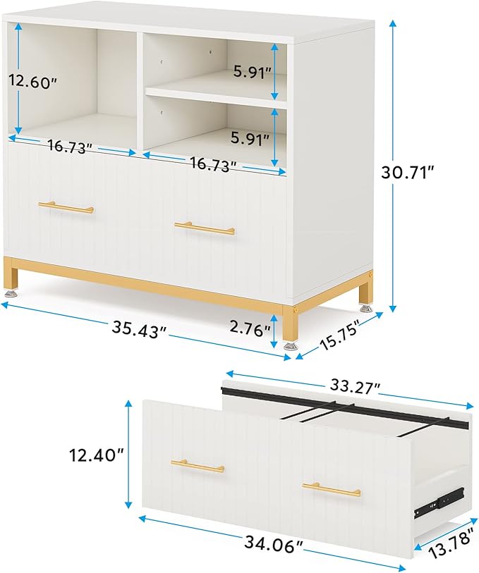 White Lateral File Cabinet with Drawer, 35.4" Modern Filing Cabinet with Adjustable Hanging Rod for Legal/Letter/A4 Size Files, Wood Printer Stand with Open Storage Spaces for Home Office - LeafyLoom