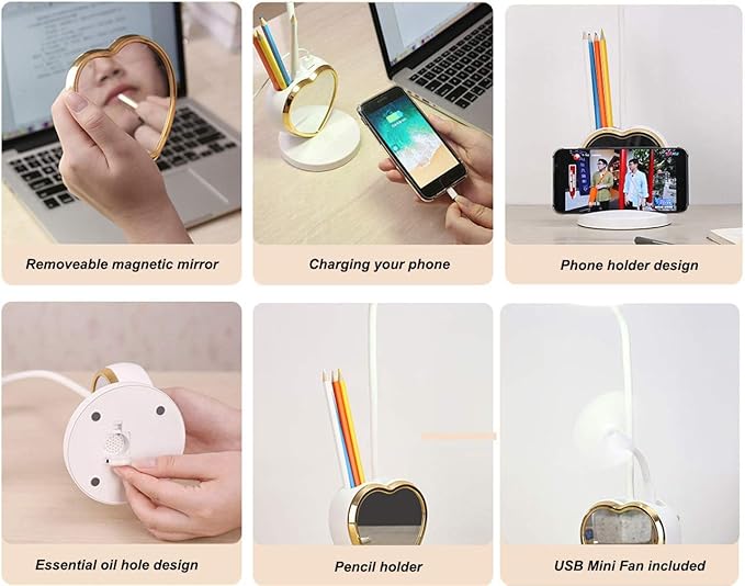 White Desk Lamp for Girls, 5 in 1 Cute Desk Lamp with Pencil Holder, Detachable Mirror, Mini Fan, Phone Holder, USB Charging Port, Eye-Caring Study Table Lamp for Teens Girls Women Dorm Reading - LeafyLoom