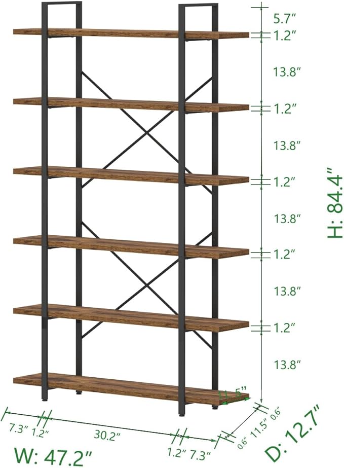 HSH 6 Shelf Tall Bookcase, Industrial Modern Large 6 Tier Bookshelf, Open Wood and Metal Display & Storage Rack,Farmhouse Bookcases and Book Shelves 6 Shelf for Bedroom Living Room Office,Rustic Brown - LeafyLoom