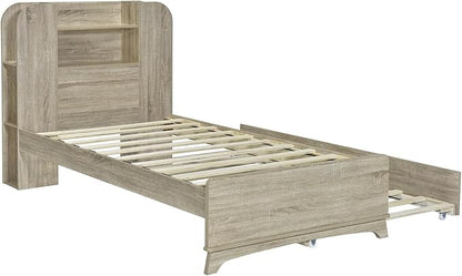 Merax Twin Bed Frame with Trundle and Bookcase Headboard,Kids Wood Platform Bed with Pull Out Bed and Light Strip in Headboard - LeafyLoom