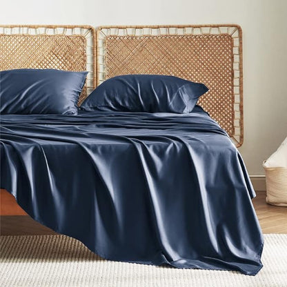 Bedsure Full Size Sheets, Cooling Sheets Full, Rayon Derived from Bamboo, Deep Pocket Up to 16", Breathable & Soft Bed Sheets, Hotel Luxury Silky Bedding Sheets & Pillowcases, Navy - LeafyLoom