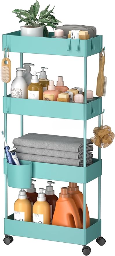 Pipishell Slim Storage Cart with Wheels, 4 Tier Bathroom Storage Organizer Rolling Utility Cart for Bathroom Kitchen Laundry Room Office Narrow Place (Turquoise) - LeafyLoom