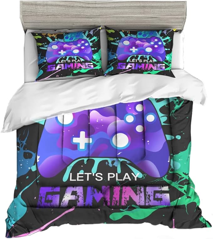 Sunnycitron Gaming Comforter sets for Boys Bedding Sets Kids Bed Comforter Set Gamer Bedding with Comforter Queen size Boys Teen Gamer Gamepad Comforter Set for Gaming bed,1Comforter 2Pillowcases - LeafyLoom