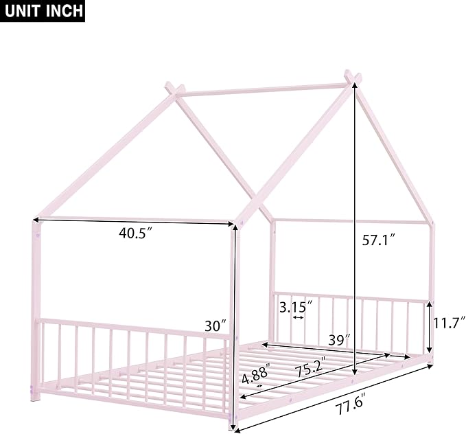 RITSU Twin Size Montessori Floor House Bed, Bedframe with Metal Slat & with Headboard and Footboard, Sturdy Construction, for Children's Room, Girls, Boys, Pink - LeafyLoom