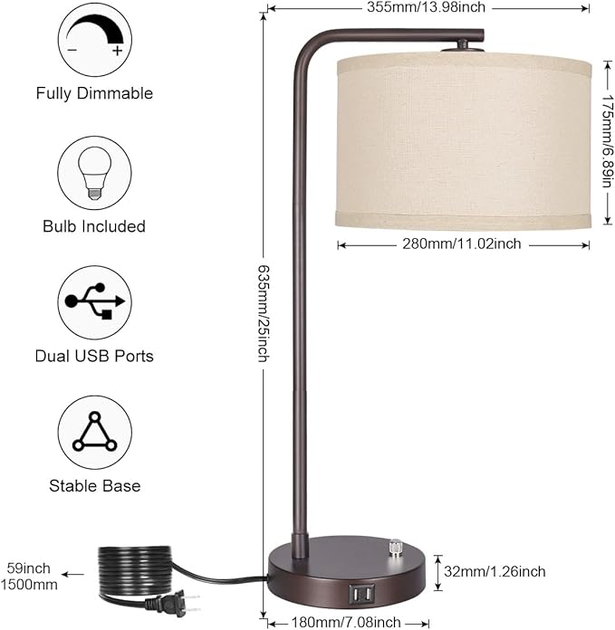 Side Table Lamp with Dual USB Ports, Dimmable Bedside Lamp Modern Nightstand Lamp Desk Reading Lamp with Linen Lampshade for Bedroom, Living Room, Study Room, Office, 9W 3000K LED Bulb Included - LeafyLoom