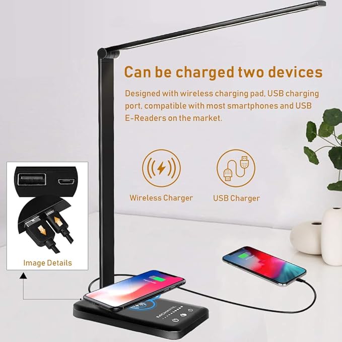 LED Desk Lamp with Wireless Charger, USB Charging Port, Dimmable Eye-Caring Desk Light with 5 Brightness Levels & 5 Lighting Modes, Touch Control, Auto Timer (Black) - LeafyLoom