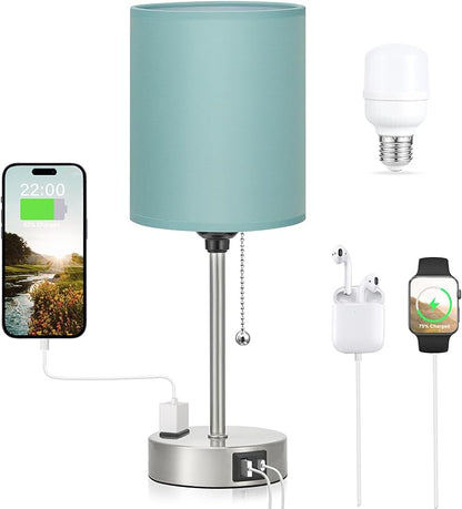 Dicoool Teal Bedside Lamp for Nightstand - 3 Color Temperature Table Lamp with USB C and A Ports, Pull Chain Lamp for Bedroom with AC Outlet, Desk Lamp with Silver Metal Base for Kids Girls - LeafyLoom