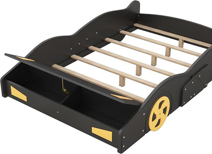 Full Size Race Car Bed Platform Bed with Wheels and Storage,Wood Bed Frame W/Wood Slats Support,for Kids Boys Girls Teens,Box Spring Not Required,Black+Yellow - LeafyLoom