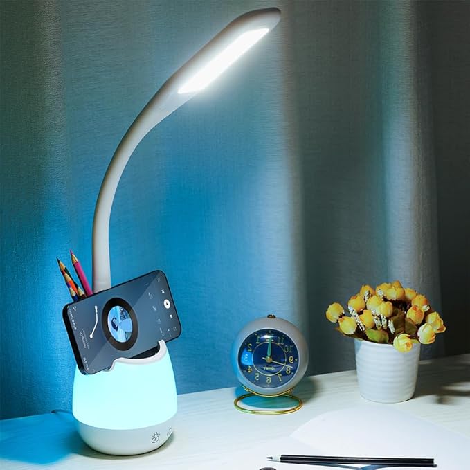 Donewin Rechargeable LED Desk Lamp with Color Changing Light, Pen and Phone Holder - Perfect Study and Reading Lamp for Kids, Teens, and Students - Great Gift for College Dorm Rooms - LeafyLoom