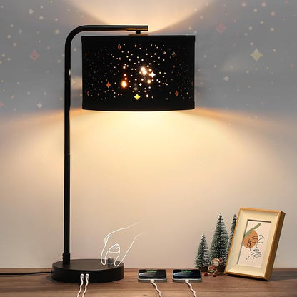 Bedside Table Lamp, Fully Dimmable Table Lamp with 2 USB Ports, Modern Nightstand Lamps with Stars Shade, USB Side Table Lamp, Tall Desk Reading Lamps for Living Room Bedroom 3000k LED Bulb Included - LeafyLoom