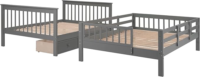 Full Over Full Bunk Bed with Stairs Storage and 3 Drawers, Wooden Stairway Bunkbeds, can be Divided into two Platform Bedframe, for Kids Teens Adults Bedroom, Gray - LeafyLoom