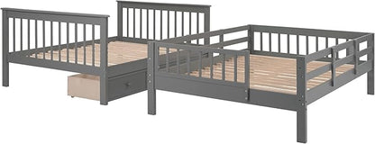 Full Over Full Bunk Bed with Stairs Storage and 3 Drawers, Wooden Stairway Bunkbeds, can be Divided into two Platform Bedframe, for Kids Teens Adults Bedroom, Gray - LeafyLoom