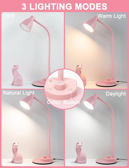 BOHON Cute Desk Lamp with USB Charging Port, Pink Lamp 3 Color Modes Dimmable Reading Lamp, Flexible Gooseneck Table Light Auto Dimming Task Lamp, LED Desk Light for Home Office Dorm Bedside, Pink - LeafyLoom