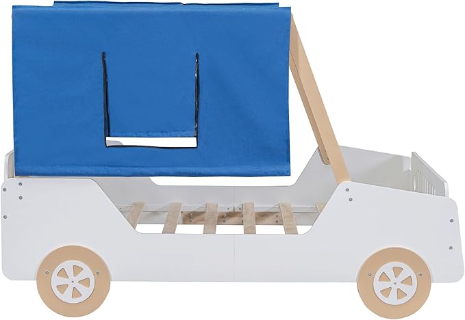 Full Size Kids Car Bed with Tent Canopy & Wheels,Wood Bedframe W/Safty Grille,Raised Base Design,Easy Assembly,Toddler Boys Car-Shaped Bedroom Beds for Reading Playing Relaxing,White+Natural - LeafyLoom