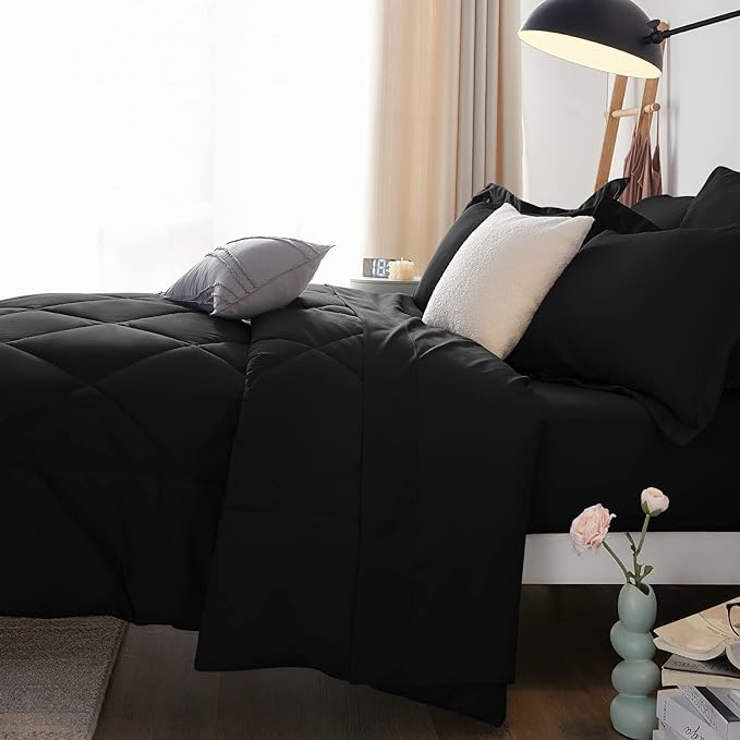 CozyLux Twin Bed in a Bag Comforter Sets with Comforter and Sheets 5 Pieces for Girls and Boys Black All Season Bedding Sets with Comforter, Pillow Sham, Flat Sheet, Fitted Sheet and Pillowcase - LeafyLoom