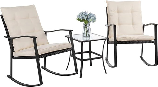 Shintenchi Outdoor 3-Piece Rocking Bistro Set,Wicker Patio Furniture Porch Chairs Conversation Sets with Glass Coffee (Beige Cushion) - LeafyLoom