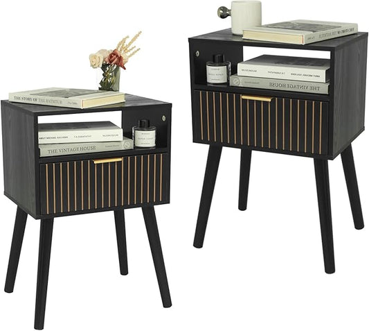 MaxSmeo Black Nightstand with Drawer, Bedside Table Set of 2, Mid Century Modern Nightstand with Open Shelf Storage, End Table with Solid Wood Legs, Black - LeafyLoom