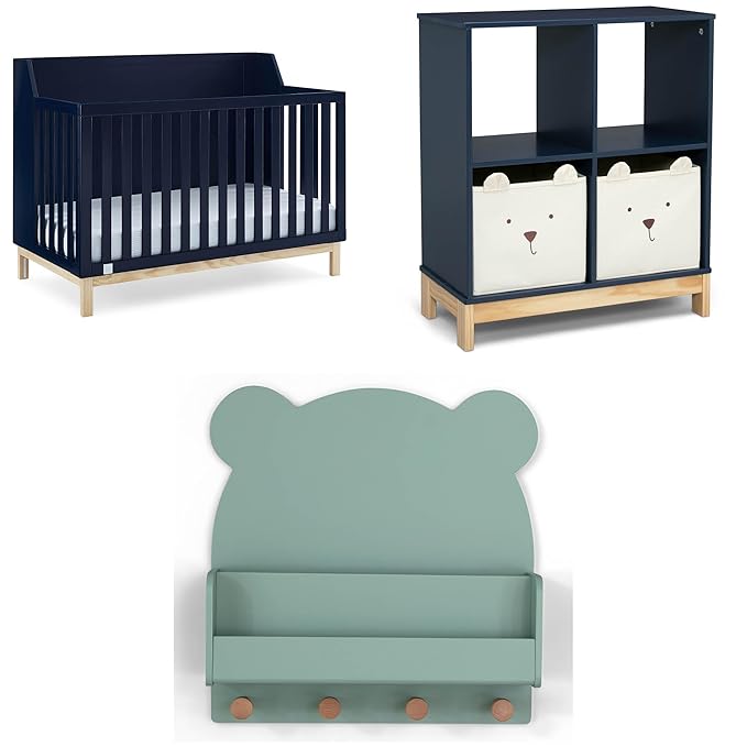 Delta Children babyGap Oxford 6-in-1 Convertible Crib + Brannan Bear Bookcase with Bins + Brannan Bear Wall Shelf with 4 Hooks, Navy/Natural (Bundle) - LeafyLoom