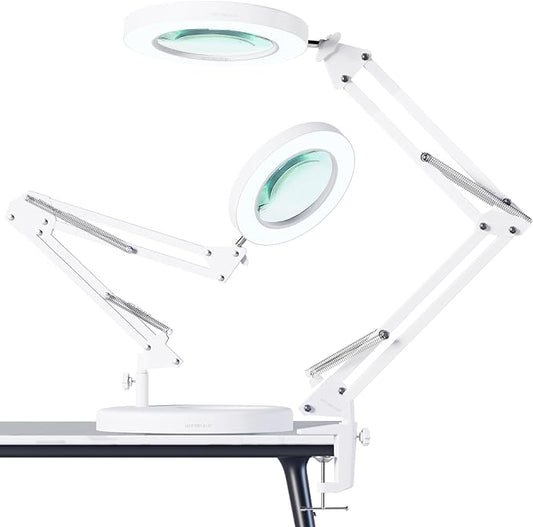 HITTI 【Upgraded】 5X LED Magnifying Lamp, 1,800 Lumens Stepless Dimmable, 3 Color Modes, 8-Diopter 4.2″ Real Glass Lens Magnifier Desk lamp, Magnifying Light and Stand for Crafts, Reading, Close Work - LeafyLoom