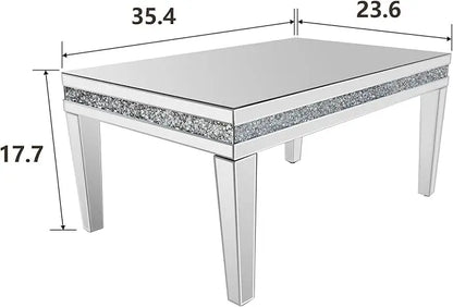 Silver Mirrored Coffee Table, Rectangle Living Room Tables with Crystal Inlay, Gorgeous Modern Mirror Coffee Table Mirrored Furniture for Living Room, Office - LeafyLoom