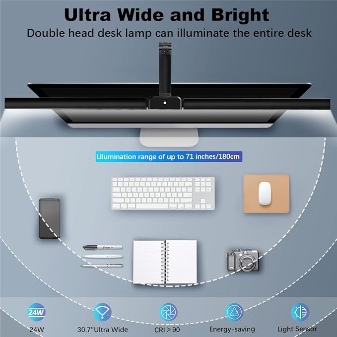 Hapfish LED Desk Lamp for Home Office, 24W Brightest 31Inch Monitor Light Bar, 5 Color Modes and Dimmable, Eye Protection Modern Clamp Table Lamps for Study Monitor Office - LeafyLoom