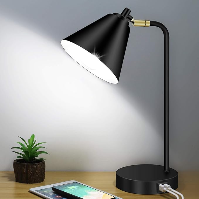 Industrial 3 Way Dimmable Touch Control Desk Lamp with 2 USB Ports & AC Outlet Bedside Nightstand Reading Lamp Flexible Head Farmhouse Black Table Lamp for Office Bedroom Living Room Bulb Included - LeafyLoom