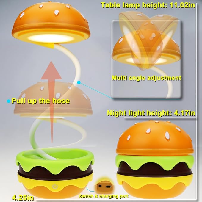 Cute Desk Lamp for Kids, Rechargeable Hamburger Small Desk Lamps with Adjustable Neck Dimmable Touch Switch, Nursery Night Lights, Kawaii Desk Accessories, Kawaii Room Decor for Boys Girls Gifts - LeafyLoom