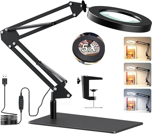 Magnifying Glass with Light and Stand,5X Magnifying LED Desk Lamp with Base & Clamp,3 Color Modes,10 Adjustable Brightness 2-in-1 Adjustable Swivel Arm Lamp Craft Light for Hobby Reading - LeafyLoom