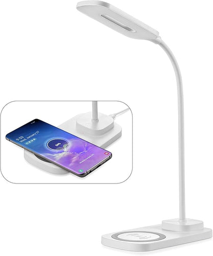 Consciot LED Desk Lamp with Wireless Charger, USB Charging Port, 3 Lighting Modes, Dimmable Space-Saving Table Lights with 360°Adjustable Gooseneck for Bedroom Nightstand Bedside Office Study, White - LeafyLoom