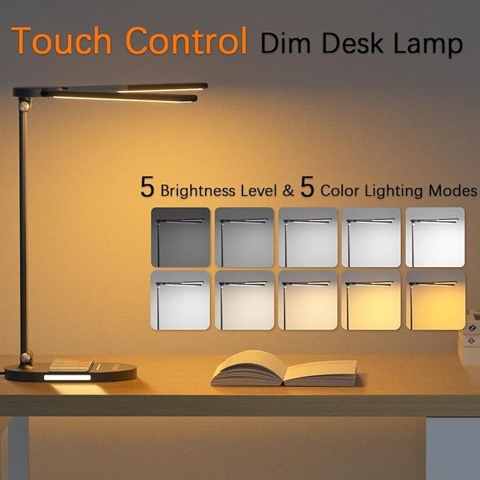 Clearance 12W Bright Desk Lamp for Home Office, Wireless Charger, USB Charging Port, 2 Night Light, 1H Timer AUTO-OFF, 5 Modes Dimmable 80 LED Desk Light, Adjustable 2 Office Lamp for Work, Computer - LeafyLoom