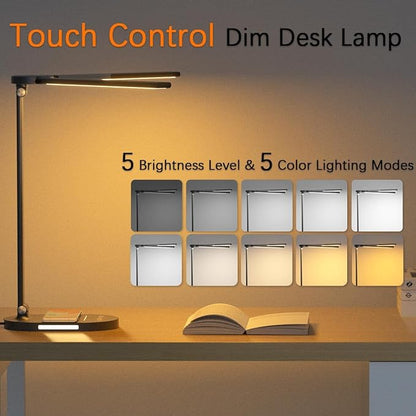 Clearance 12W Bright Desk Lamp for Home Office, Wireless Charger, USB Charging Port, 2 Night Light, 1H Timer AUTO-OFF, 5 Modes Dimmable 80 LED Desk Light, Adjustable 2 Office Lamp for Work, Computer - LeafyLoom