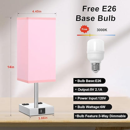 Touch Bedside Table Lamp For Nightstand - 3-Way Dimmable Night Lamp with USB A + Type C Charging Ports and two AC Outlets, Small Desk Light with E26 LED Bulb for Bedroom Living Room Dorm Office, PINK - LeafyLoom