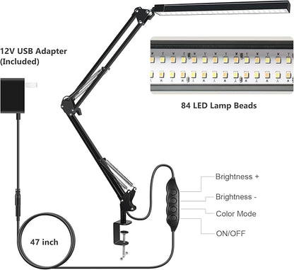 ODOM Adjustable Swing Arm Desk Lamps with Clamp, Upgraded 3 Color Modes 6 Brightness Stepless Dimming, Eye-Caring Memory Function Led Table Light for Home Office Reading Nail Desk, Black, 12W Adapter - LeafyLoom