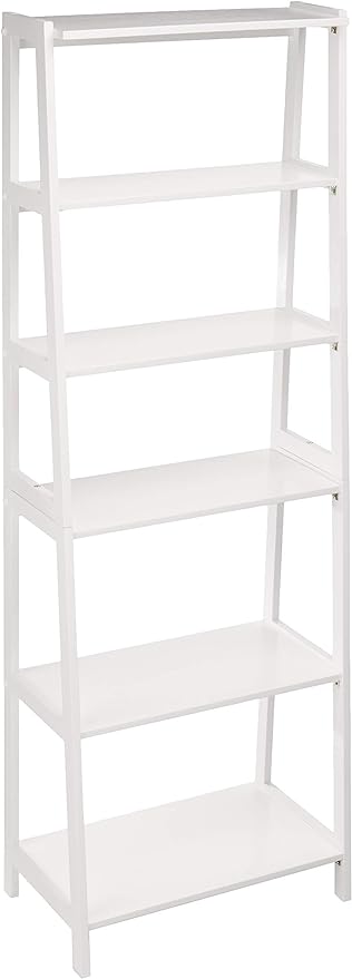 Amazon Basics Rubberwood 5 Shelf Ladder Bookcase, White, 15.03" D x 25.98" W x 74.48" H - LeafyLoom