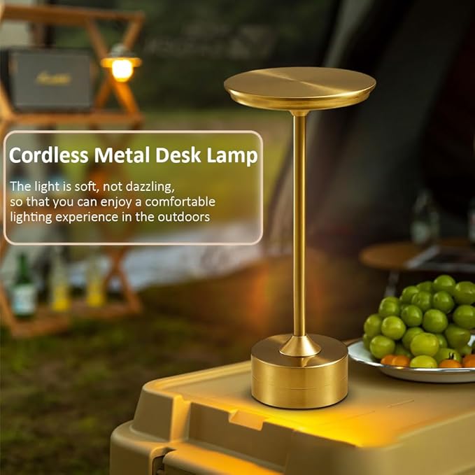 Cordless Metal Desk Lamp, Touch Sensor Control LED Table Lamp,3 Color Stepless Dimmable Battery Powered Lamp,Night Light for Kids Nursery,Bedroom/Desk/Cafe (Gold) - LeafyLoom