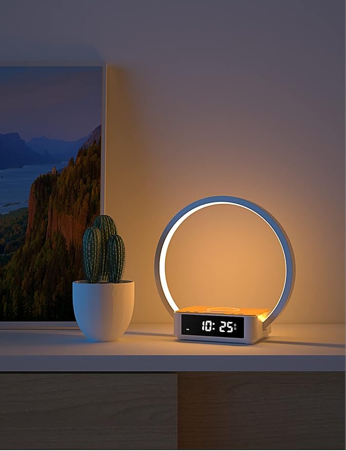 Amouhom Table Lamp, 18W Touch Lamp Alarm Clock with Wireless Charging Wake-Up Light, Digital Sonic 10W Max Qi Charger Nightstand Reading Lamps for Bedside, Reading, Home, Office - LeafyLoom