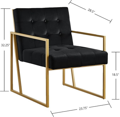 24KF Modern Black Velvet Button Tufted Accent Chair with Golden Metal Stand, Decorative Furniture Chairs for Living Room Bedroom - Black - LeafyLoom