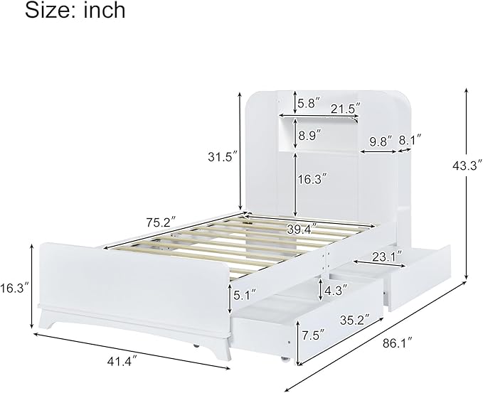 Merax Twin Bed Frame with Shelves and Storage Drawers Underneath,White Twin Size Platform Bed with Headboard and Light - LeafyLoom