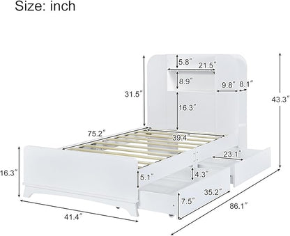 Merax Twin Bed Frame with Shelves and Storage Drawers Underneath,White Twin Size Platform Bed with Headboard and Light - LeafyLoom