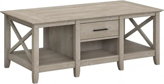 Bush Furniture Key West Coffee Table with Storage in Washed Gray - LeafyLoom