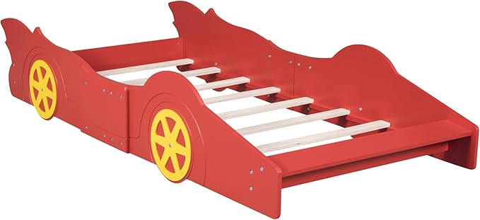 Car Shaped Toddler Bed with Wheels,Racecar Platform Beds W/Safety Guardrail,Slats Support,Stylish Design,Easy Assembly,Wood Twin Bedframe for Boys Toddlers Kids Teens Bedroom,Red - LeafyLoom