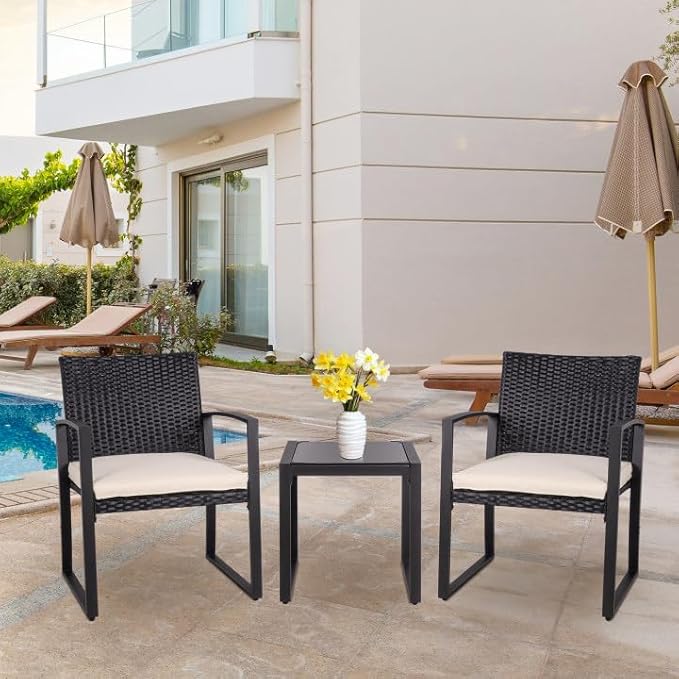 Shintenchi 3 Pieces Outdoor Patio Furniture Set Modern Black Wicker Bistro Set Rattan Chair Conversation with Coffee Table for Yard Porch Poolside Lawn(Beige) - LeafyLoom