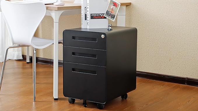 3 Drawer Mobile Desk Office with Lock and Wheels,Versatile Storage Cabinets w/Anti-Tilting Cold Rolled Steel Waterproof Moisture-Proof,for Legal/Letter/A4 Files,Black - LeafyLoom