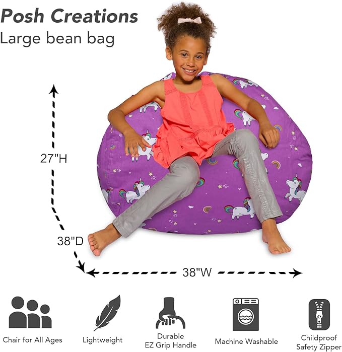 Posh Creations Bean Bag Chair for Kids, Teens, and Adults Includes Removable and Machine Washable Cover, 38in - Large, Canvas Unicorn and Rainbows on Purple - LeafyLoom